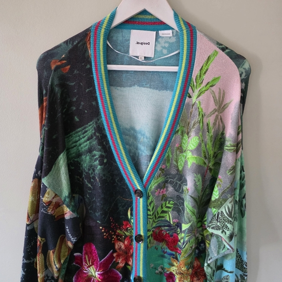 Desigual XL Eclectic Boho Art to Wear Tropical Floral Colorful Metallic Cardigan - Picture 5 of 16